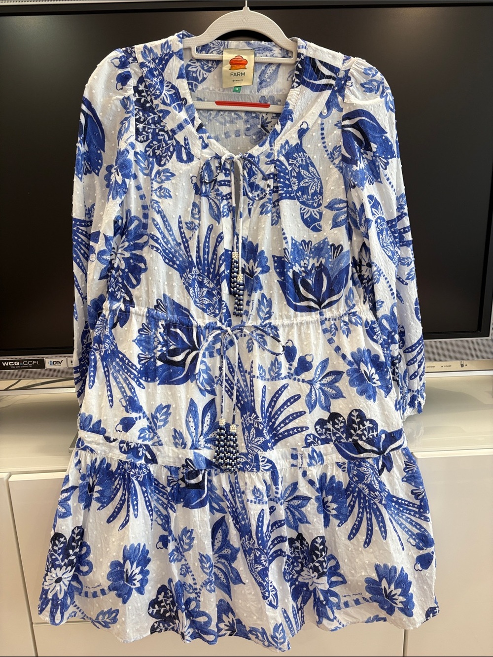 FARM Rio White and Blue Floral Tiered Tie-Front Dress
